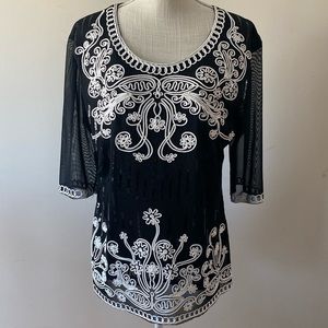 First Choice women’s elbow sleeve scoop neck sheer crochet accent sequins top